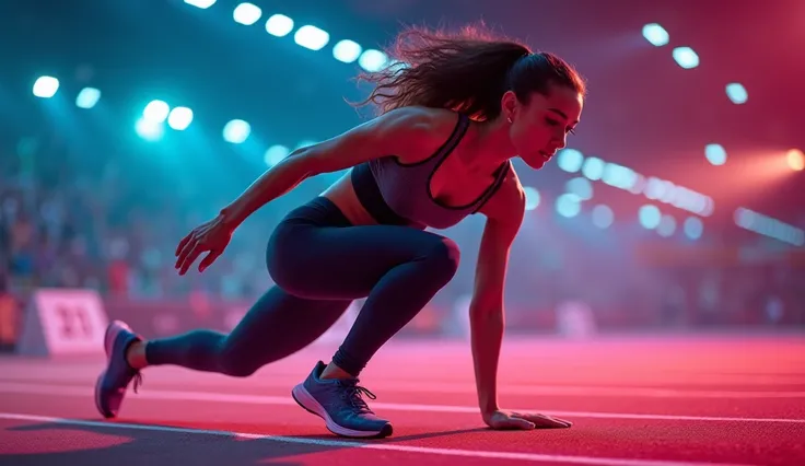 A sprinter bursts off the starting block in streamlined leggings and a fitted tank, neon lighting, cinematic atmosphere, studio setting, high detail, photorealistic, professional photography, vibrant colors, dynamic composition, dramatic lighting, sports e...