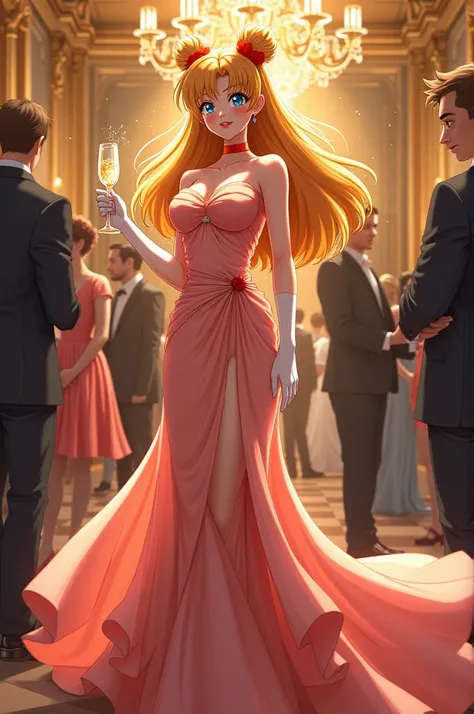 Sailor Venus anime from the 90s dressed elegantly at a New Years Eve party with a glass of champagne in her hand 