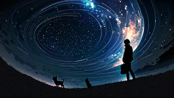 Many stars shine beautifully in the winter night sky. Long exposure of a sky full of stars. Many orbiting circles can be seen in the image. Silhouettes of a young man with short hair styling, carrying a guitar and a short-haired (1)Chihuahua. Your hands in...