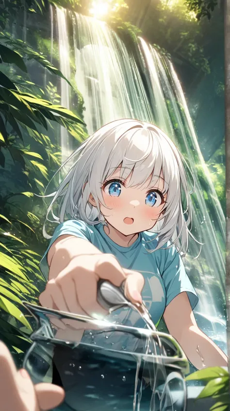 1 girl,  blue eyes, white Hair,  T-Shirts、in the woods、Big waterfall、Gentle Light、Cool feeling、Transparency、first-person view、The gesture of pouring water、LOL