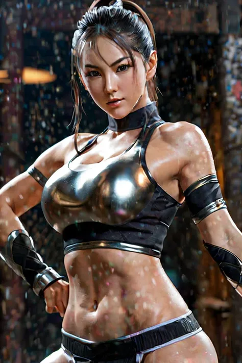 Alassar female solo ponytail hair、Fighting Game Fighter Kunoichi 、 Fitness Model 、metallic tight full body suit、 Ninja costume、The lower half of the face is masked、 Slim Long Legal Body 、( sharp concentration :1.5), photograph,  Attractive Young Woman , ( ...