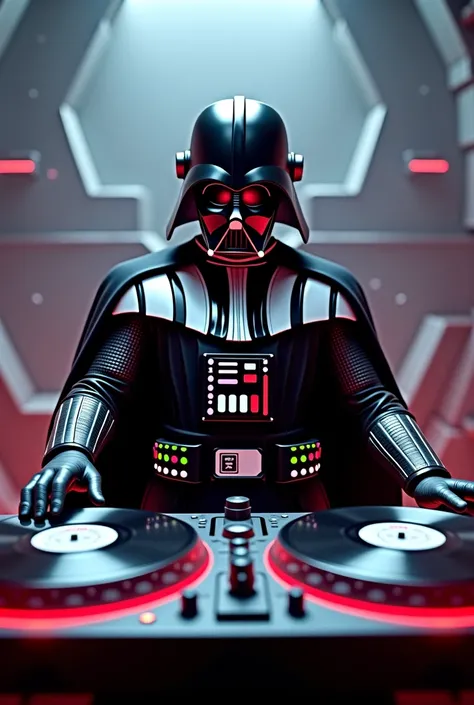 Darth Vader as a Dj with real turntables and vinyls on top of the deathstar
Headphones are build in his helmet