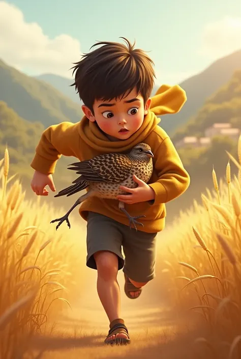 Depict an intense moment in a rural setting where a young boy, about , is seen rescuing an injured quail. The boy has just thrown his sweater over the frightened bird to gently capture it. Now, holding the bird securely against his chest, he is running thr...