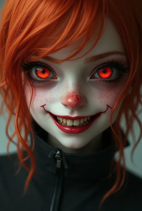 Beautiful red hair freckles a small nose very sharp k nine teeth blood shot red eyes and a scar under he left eye