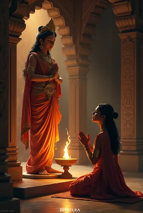 A student praying to Saraswati with a lit lamp.
A person lighting a lamp in a Devi temple.