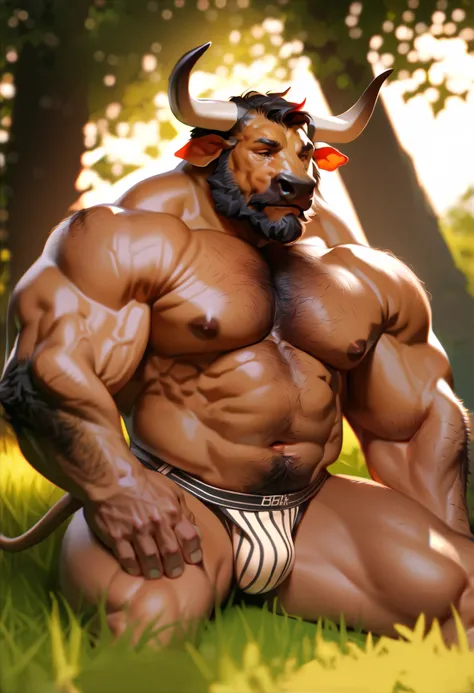 solo, 1boy, Muscular Old man, furry black bull, wide shoulder, pectoral, thick arms, chest hair, arms hair, pubic hair, huge pectoral, wide pectoral, sitting on meadow, huge tree background, short hair, jockstrap and shirtless, simple background, masterpie...