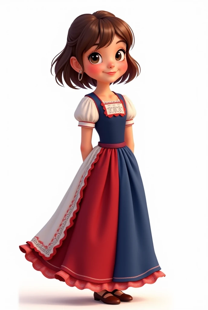  image 300 pixels Disney style exaggerated tender features,  big shiny eyes ,  reddish cheeks ,  girl in traditional folk costume . with a long and wide skirt colors red , white and blue que tiene volantes en la parte inferior.  The blouse is white with de...