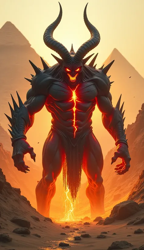 "A colossal demonic entity emerges from a cracked and fiery chasm in the desert. Its body is covered in glowing, molten cracks, resembling flowing magma, with a deep red and black texture. Its muscular physique is accentuated by sharp, obsidian-like spikes...