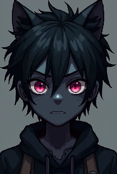 a close up of a pixel art of a person with a black hair, pitchblack skin, minecraft skin, style of minecraft, tane skin, tanny skin, very detailed skin, obsidian skin, emo boy with cat ears and tail, accurate skin textures, spiky skin, scaled skin, voxelar...