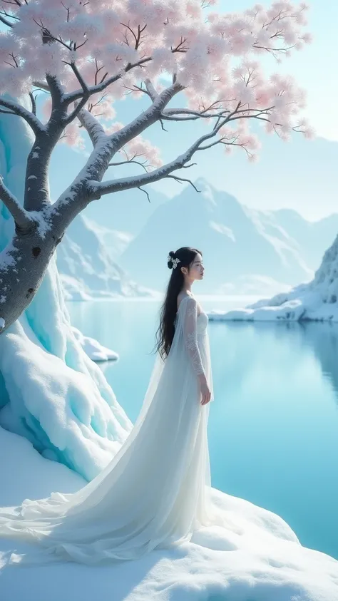 reality，Glacier Mountain Shore ， Under an Ice Crystal Peach Tree ， A Snow Princess ， long hair, delicate face， Wearing a White Crystal Folding Dress， Looking at the Snow Sea ， tripartite lens , Collage , 