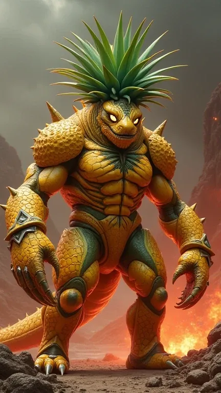 "Creating Description: A massive, muscular hybrid of a scorpion and pineapple, standing in a fiery volcanic world.  
Color: Golden-yellow body with green highlights, glowing spikes, and earthy brown accents.  
Environment: Volcanic world with molten rive...