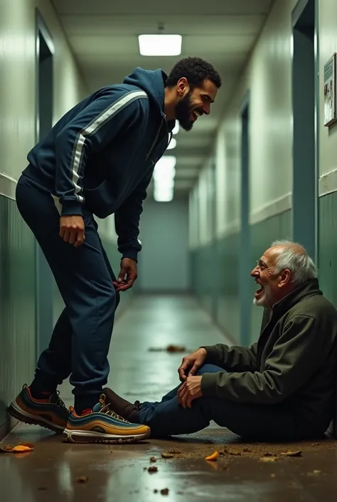 Dans un couloir, un jeune sportif maghrébin en survêtement et Nike air max 97 boueuses, piétine en riant le repas d’un vieil homme assis par terre à ses pieds. 