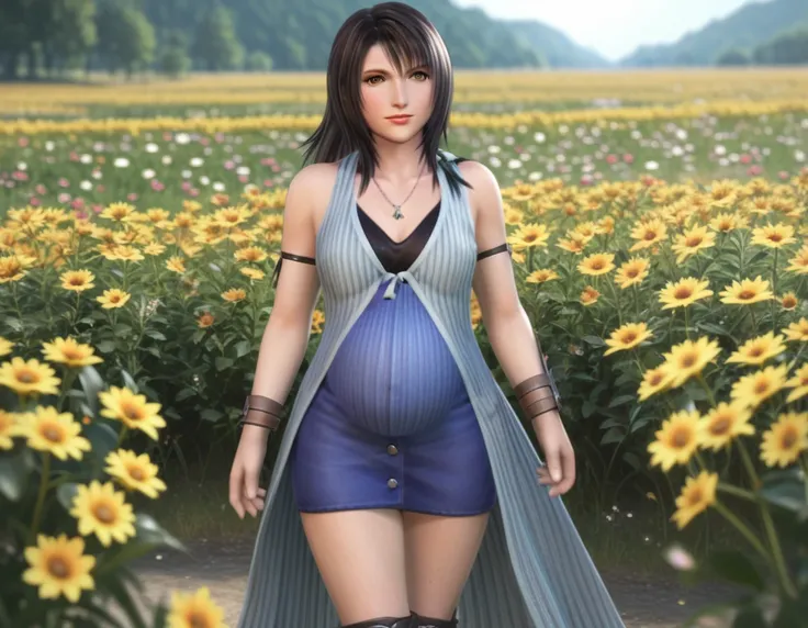 Score_9, score_8_up, score_7_up, score_6_up ,(Rinoa:1.2), 1girl, detailed, A flower field with many small flowers,pregnant, skirt, black hair, bare shoulders, brown eyes, jewelry, boots, necklace
