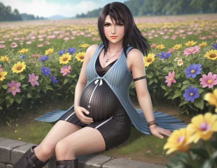 Score_9, score_8_up, score_7_up, score_6_up ,(Rinoa:1.2), 1girl, detailed, A flower field with many small flowers,pregnant, skirt, black hair, bare shoulders, brown eyes, jewelry, boots, necklace
