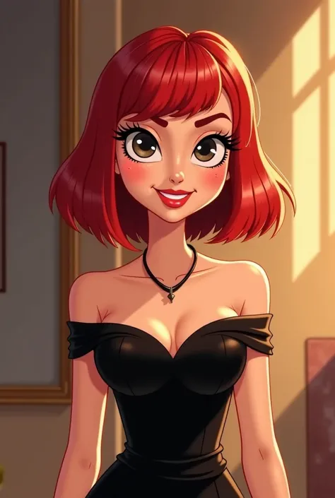  Red Straight Front Drop Bob　　40 years old　Beautiful Lady　 black dress　5 Layered False Lashes 　　 big eyes　Bust Emphasis　 Cartoon 2D  　smile