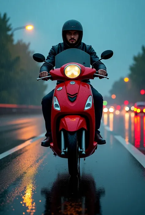 scooter fidlle 2 withe with red in Highway and rainy weather 