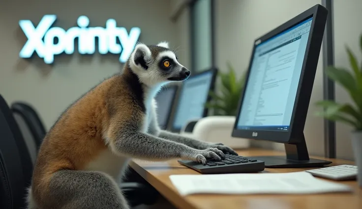 a lemur printing on a Konica Minolta printer serving and in the background a sign with the name of Xprinty 