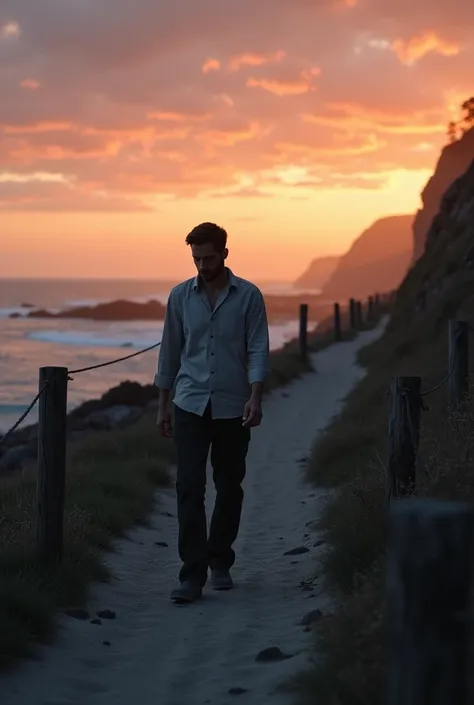 Create a quality beutiful  image of a alone love  brekup man walking in a coast in evening