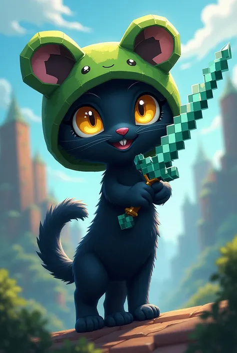 Create a black cat anime character wearing a Minecraft frog hat carrying a Minecraft sword