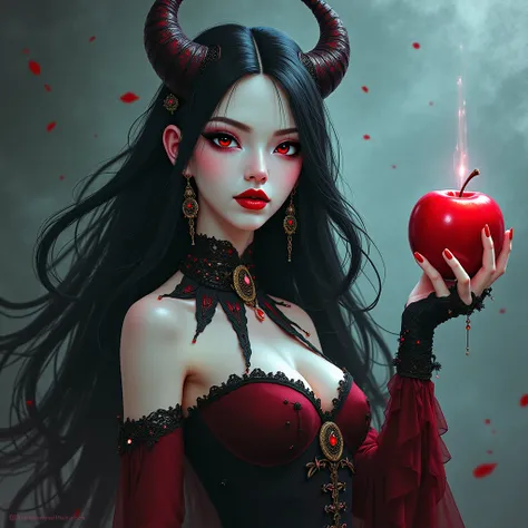  girl ,Long black hair，Black Queen ，accessories， Holding an Apple ，Poisoned Apple， Witch Queen，Red lipstick