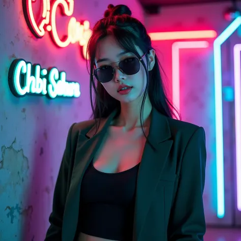 Generate   Realistic photo a Beautiful korean girl wearing black green attire   and sunglasses , name chibi sakura is written on the wall . Neon colors background. Long bun black hair