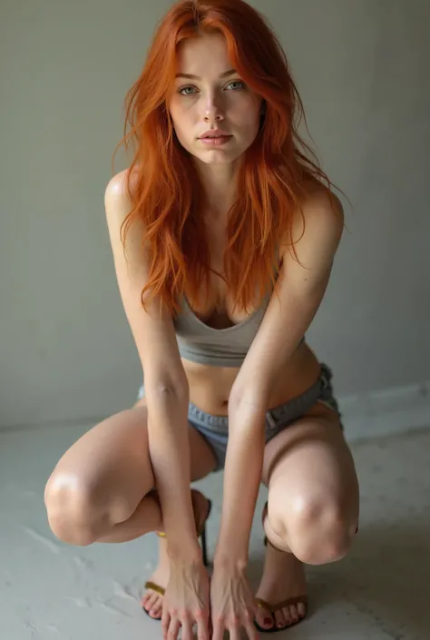 Young skinny redhead teen;   sweet and innocent  ; Very beautiful; foto de corpo not inteiro; six pack abs; thin legs;  wearing high-heeled shoes; not; squatting;  open legs 