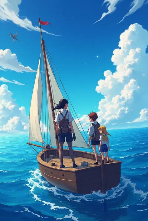 A boy teen, a doctor archeologist female and a girl teen sailing in a vast ocean with sky anime, 3 people on board. make the archeologist grown female