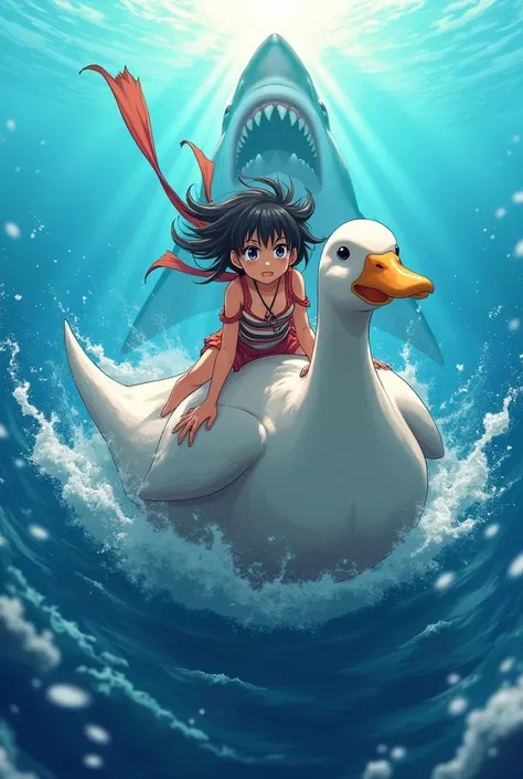  An anime character on top of a duck escaping from a shark in the sea, at a front angle  