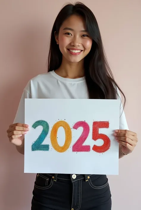  Photo full body indonesian woman age 25 years long straight hair wearing color t-shirt , red kuning, green , blue, pink, white, red,  black denim trousers in black color Blue  ,  smiling with photo studio background while holding poster  , Happy new years...