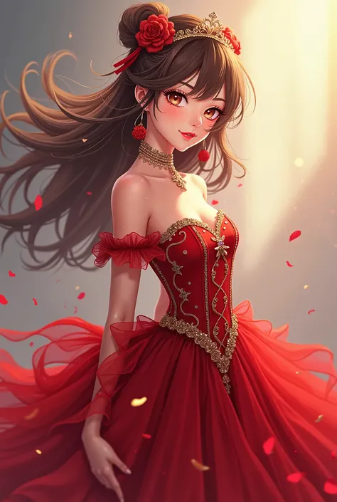 A beautiful anime-style woman with brown hair and brown eyes wearing a red princess dress. She has a fringe .  It has a sturdy body and big boobs. Your dress doesnt squeeze your waist .