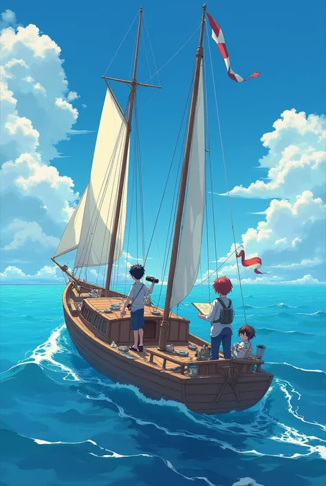 A boy teen, a doctor archeologist female and a girl teen sailing in a vast ocean with sky anime, 3 people on board. 