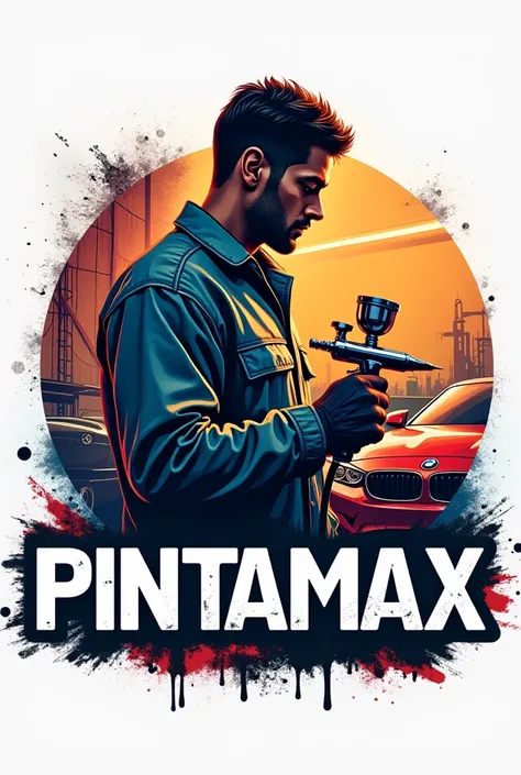  Logo for the painting business called Pintamax, that includes an automotive painter with an airbrush painting