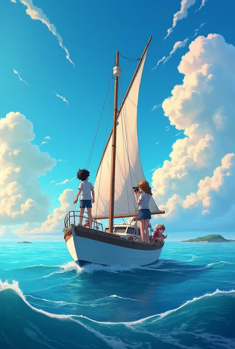 A boy teen, a doctor archeologist female and a girl teen sailing in a vast ocean with sky anime, 3 people on board. 