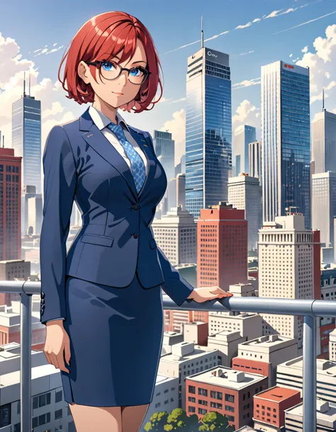 1girl, medium breasts, bare legs, shoes, shoes, city backdrop, solo, single, standing, full body shot, cowboy shot, beautiful detailed eyes, blue eyes, mature lady, glasses, office lady, blue suit, blue pencil skirt, miniskirt, red hair, bob hair