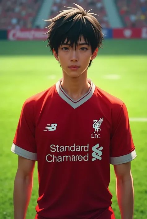 An image of Ayanokoji Kiyotaka wearing Liverpools uniform
