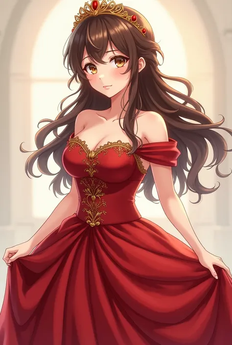 A beautiful anime-style woman with brown hair and brown eyes wearing a red princess dress. She has a fringe .  It has a sturdy body and big boobs. Your dress doesnt squeeze your waist .