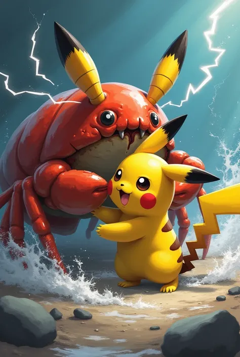 Cuộc chiến giữa Pikachu và con cua khổng lồ vô cùng căng thẳng.  Pikachu attacked with a powerful thunderbolt , , but the crab with its hard and sharper shell was saved..  A strong slap from the crab seriously injured Pikachu , fell to the ground .  Despit...