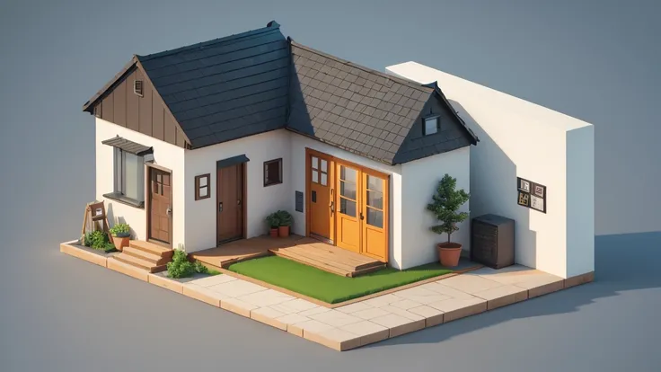 Create a minimalist, isometric 3D rendering of a small urban building on a square platform. The building should have textured gray walls, a glowing orange window, and a simple door with a small sign above it. Include rooftop details like a chimney, vents, ...