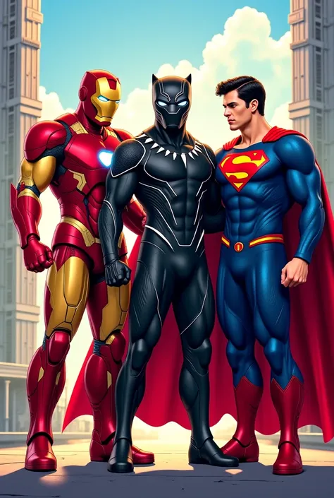 Create an image in the form of a drawing of Iron Man, Black Panther and Superman smiling together