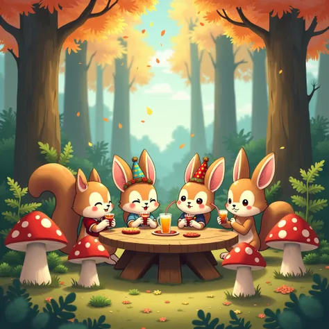 Forest colors々New Years party for small animals、 wooden table、Mushroom Chair、Tiny Drinks 、 anime style