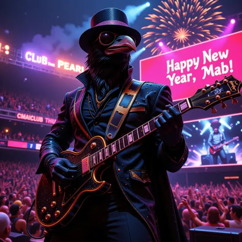 Muscular Anthropomorphic raven donned in intricate black suit with gold trim made of diamonds and a black diamond fedora. Diamonds cover his beak. Dynamically singing and guitar playing. Wears large sunglasses. Obsidian, the lead singer and guitarist of th...