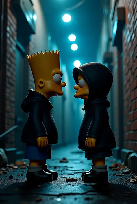  Bart Simpsons and Homer Simpsons arguing in an alley at night.That the two are hooded .3D 