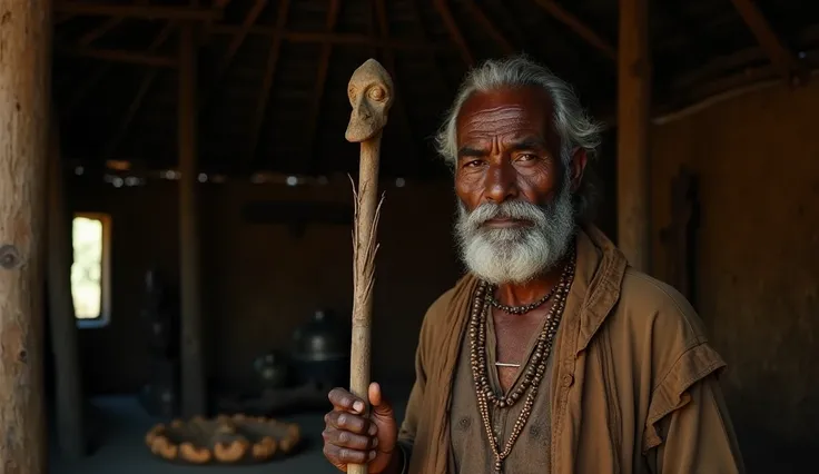 An elderly African man, wise and weathered by years of experience. He wears traditional ceremonial attire, complete with beads and a staff. His face is stern and deeply thoughtful, with wrinkles that show the weight of his wisdom. He is standing inside a d...