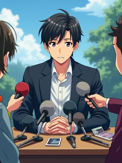 Similar in anime style,  A man with his hands on a table, The table is full of microphones, Well, theyre interviewing him 