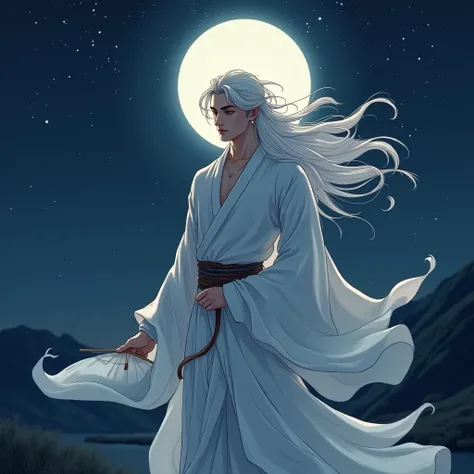  Night Sky Dotted Silently， A handsome handsome man with a tall and handsome body and a stately figure in a white antique long robe with a belt flowing， White long-haired man ， White long hair flowing without hair ， ears Small, tiny little tip ， with moon ...