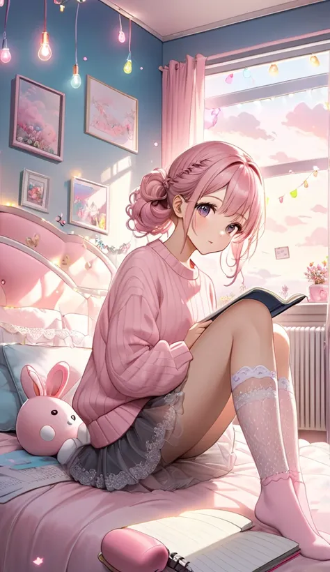 ((Girl, Whimsical beauty,)), ((wearing: Pastel Pink Sweater, Lace Knee-High Socks, Tulle Mini Skirt, Half-Up Half-Down Hairstyle), (Bedroom, whimsical clouds outside, sketchbook, fairy lights, plush bunny,)