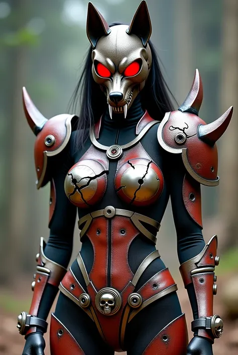 **Prompt**:  
" Female Kamen Rider cosplay inspired by Cerberus ,  with armor that reflects a chaotic and apocalyptic aesthetic . The armor is imposing ,  composed of rusted and broken metal plates ,  with rough and irregular textures that resemble the sur...