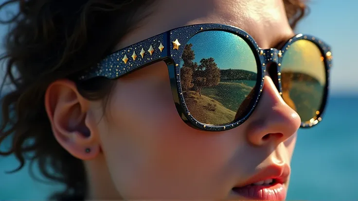 The model is wearing glass sunglasses with stars and the moon on the glass