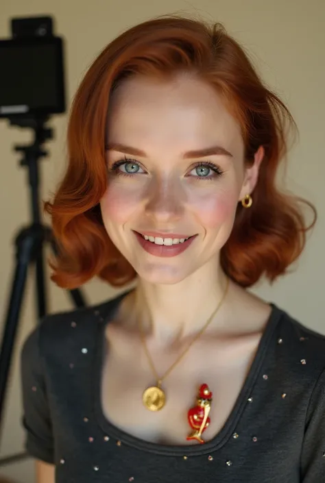 Close-up of a woman with shoulder-length, reddish-brown hair styled in a 1940s-style bob. 


She has bright blue eyes and a slight smile, with visible teeth. Her complexion appears light. 


She is wearing a dark gray or black top with small polka dots or ...