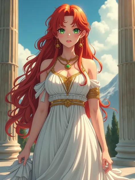 1-girl, anime realist modo, Milf, Kushina Uzumaki, [[Green Eyes, Red Largue Hair]]. Shes a mature women, Shes dressed ancient Greek Clothes, olympus dress., white dress, greek dress, olympian goddess dress, olympus dress, kushinaXL, light red hair